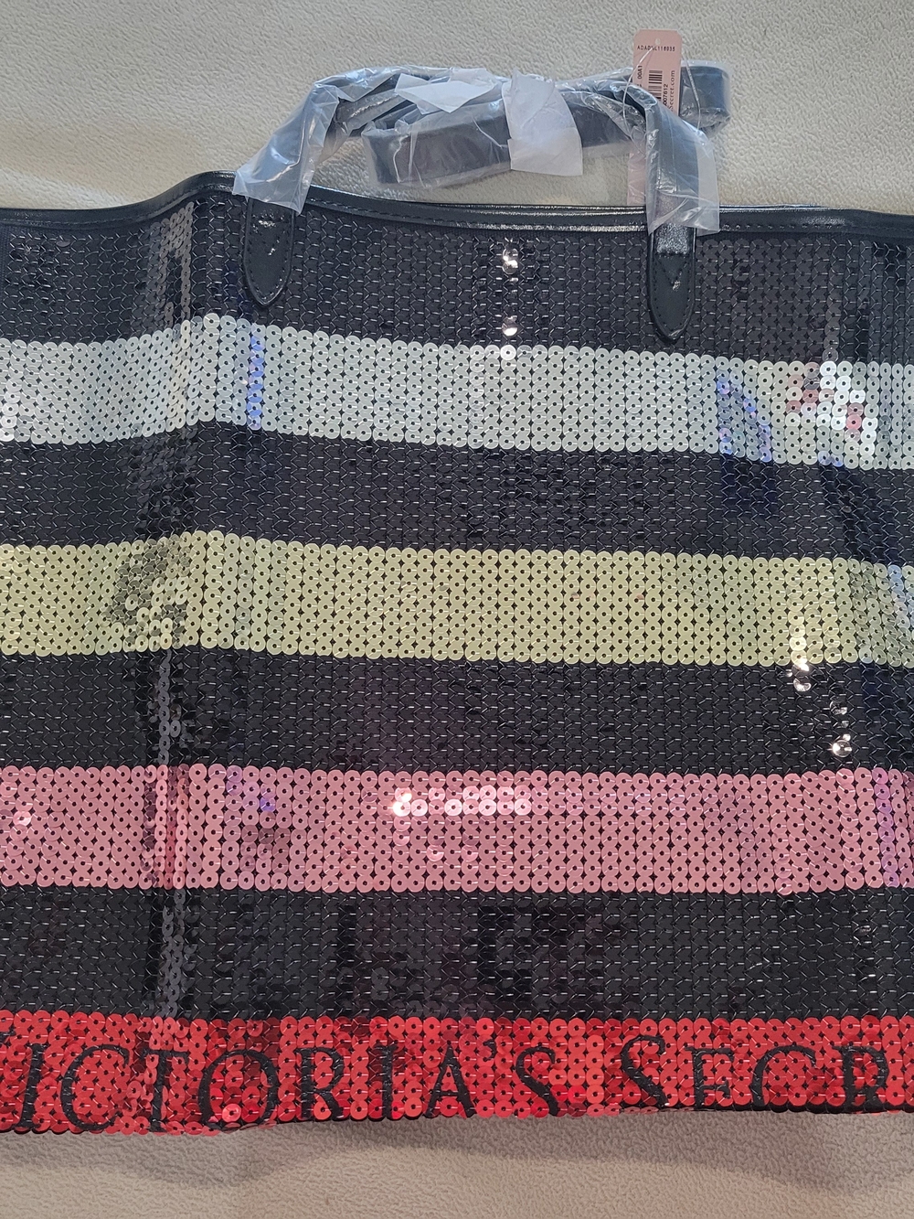 Victoria's Secret Black Sequin Stripe Tote with Silver, Gold, Pink and Red Bands